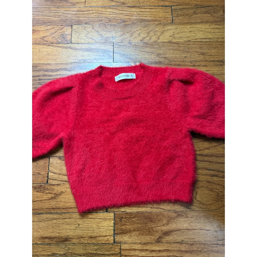Stanton Red Fuzzy Puff Short Sleeve Cropped Sweater A1248 Womens Small